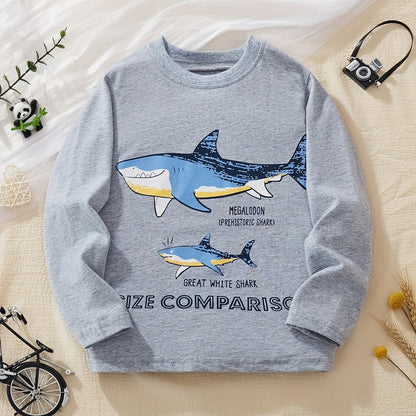 LITTLE BITTY Boys' Cotton Long Sleeve Crew Neck T-Shirt, Cartoon Shark Pattern, Casual Skinny Fit, Breathable Knit Fabric, Regular Sleeve, for Hiking & Outdoor, Weekend Casual Wear - Spring/Summer Collection