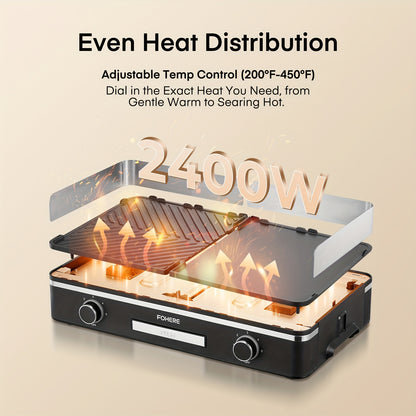 2400W Electric Indoor Grill Griddle with Large 25x30cm Nonstick Plates, 2-Zone Adjustable Temperature Control, Pancake & Egg Maker, Drip Tray & Indicator Light - Stainless Steel Portable Flat Top Grill for Kitchen, Camping, R