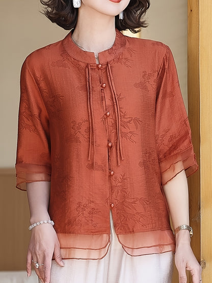 Women'S Elegant Summer Blouse with Floral Pattern - Short Sleeve, Mandarin Collar, Loose Fit, Light Olive Green, Perfect for Casual Attire, Casual Attire Blouse | Floral Pattern Top | Mandarin Collar Shirt