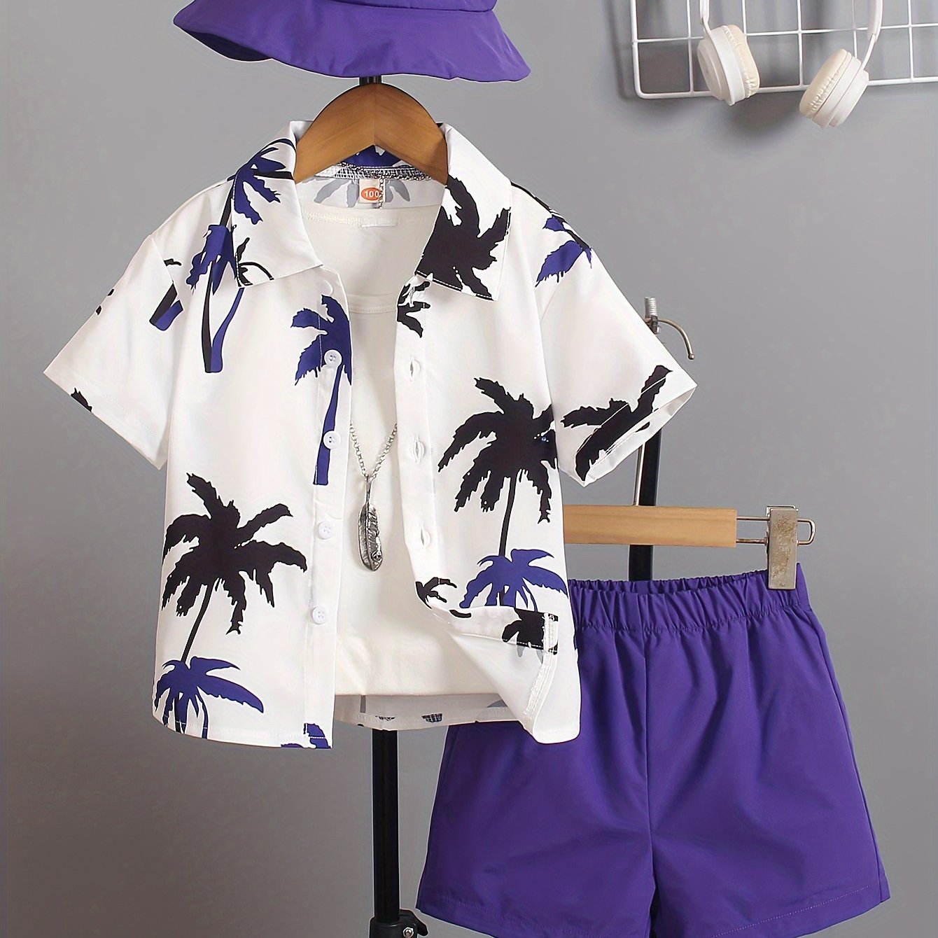 Boys' Summer Fashion Street Shirt Three-piece Set Only Selling Hats, Shirts and Shorts, Perfect for Outdoor