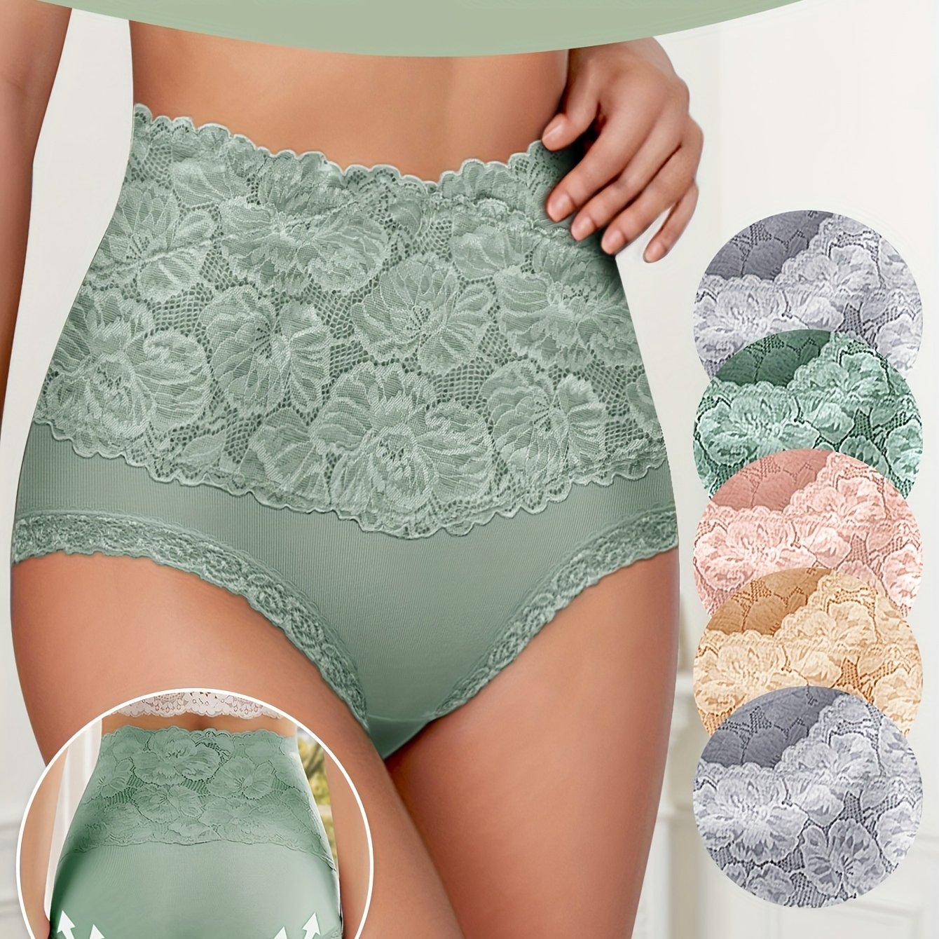5pcs Women's High-Waisted Tummy Control Briefs - Soft Lace Trim, Butt-Lifting & Tummy Control, Elegant Lace Underwear For Everyday Comfort