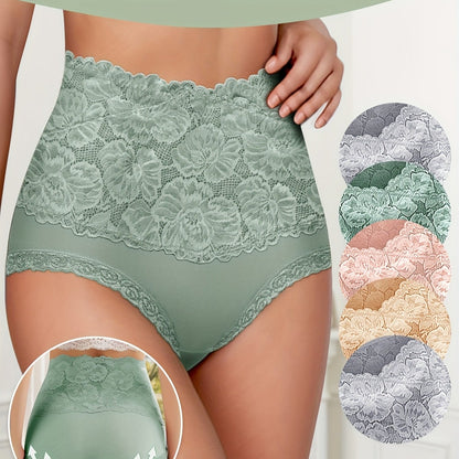 5pcs Women's High-Waisted Tummy Control Briefs - Soft Lace Trim, Butt-Lifting & Tummy Control, Elegant Lace Underwear For Everyday Comfort