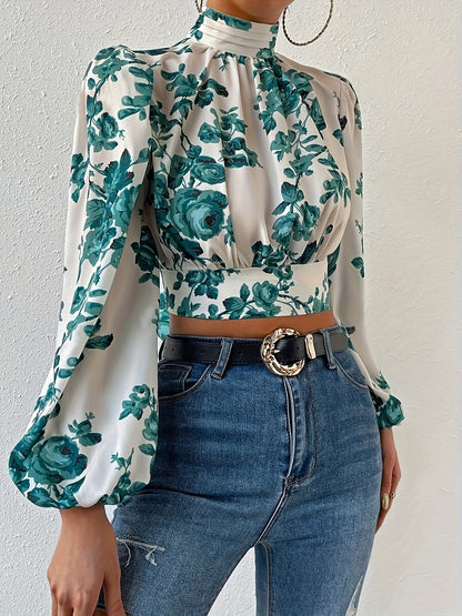 Floral Print Tie Back Crop Blouse, Elegant Lantern Sleeve Cut Out Blouse For Spring & Fall, Women's Clothing