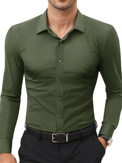 Men'S Slim Fit Long Sleeve Shirt - 55% Cotton, 40% Polyester, 5% Spandex, Solid Color, All-Season, Woven Fabric, Button-Up, Lapel Collar, Casual Weekend Wear, 125g/m²