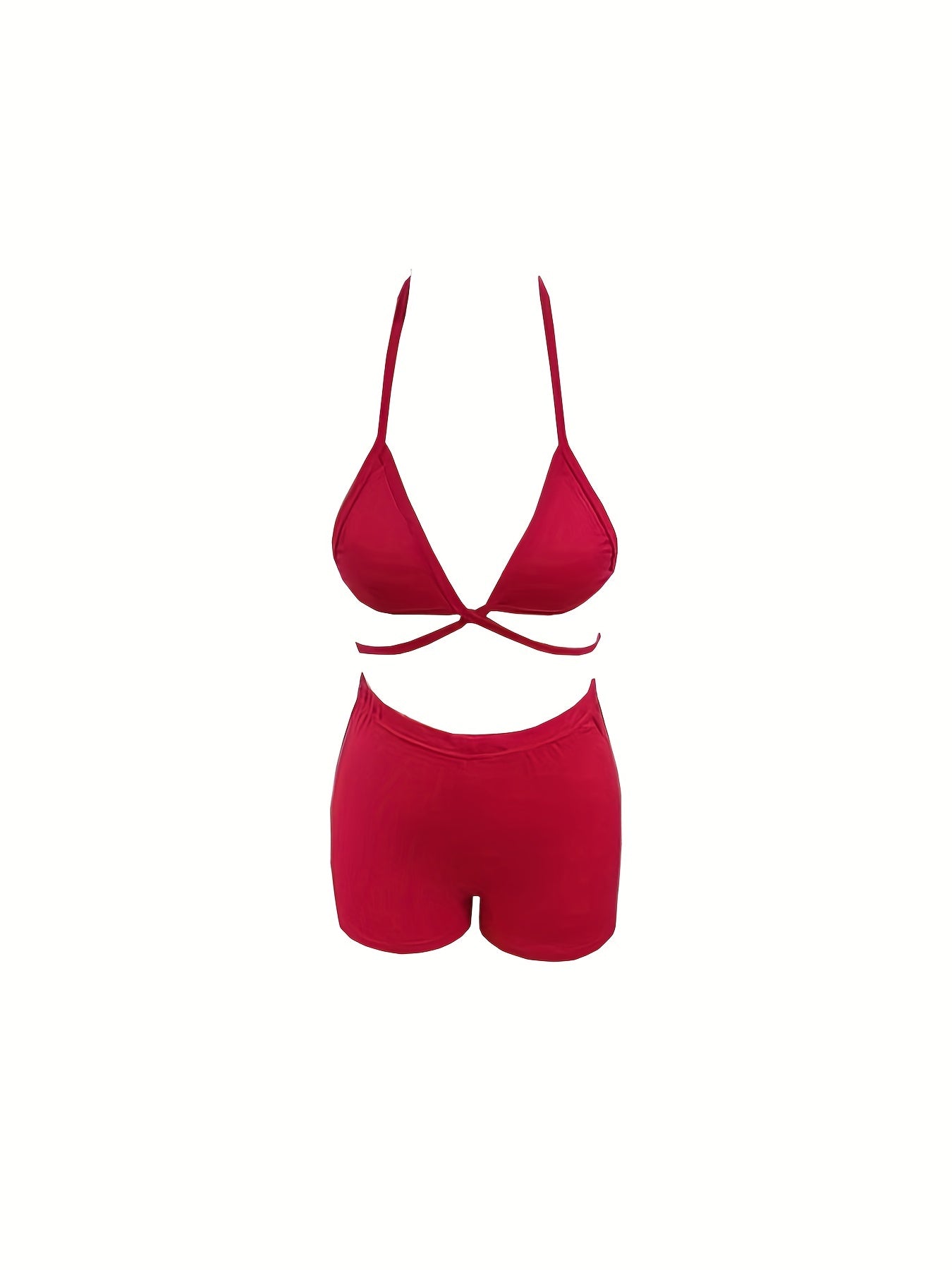 Sexy Solid Two-piece Set, Halter Neck Crop Top & Elastic Waist Shorts Outfits, Women's Clothing