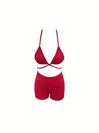 Sexy Solid Two-piece Set, Halter Neck Crop Top & Elastic Waist Shorts Outfits, Women's Clothing