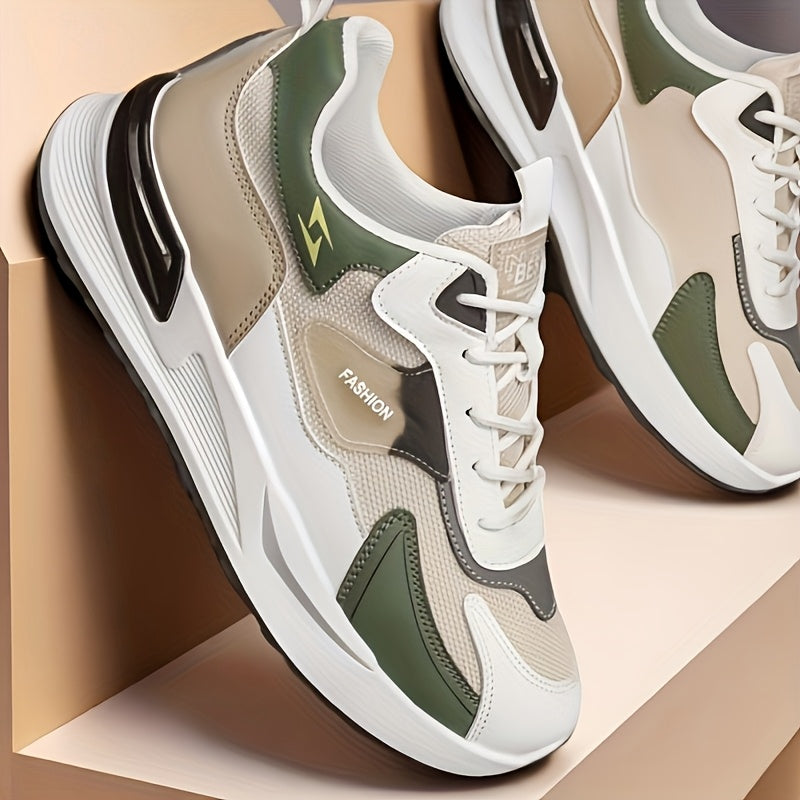 Ténis moderno e robusto para homem - Ténis estilo "dad shoes" em malha respirável com palmilha almofadada, ideal para todas as estações, em verde e bege. Perfeito para caminhadas, corridas e uso diário.