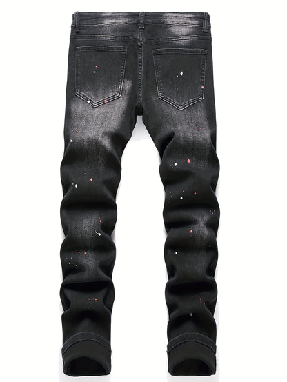Patch Splatter Ripped Jeans, Men's Casual Street Style Distressed Slim Fit High Stretch Denim Pants For Spring Summer