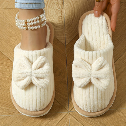 Cute Bowknot Soft Sole Fuzzy Slippers, Winter Cozy & Warm Slip On Plush Shoes, Comfy Closed Toe Home Slippers