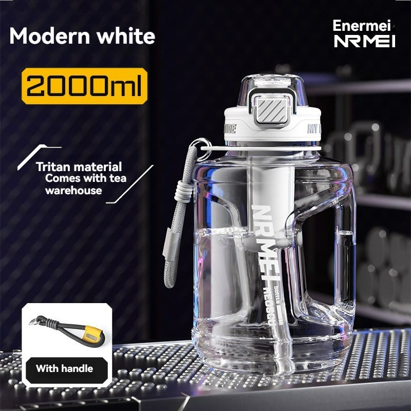 Garrafa de água NRMEI de 1,9 litros com marcador de tempo - Garrafa de hidratação de 1,9 litros livre de BPA, garrafa de água desportiva grande com palhinha e tampa, pega, adequada para campismo e ginásio.