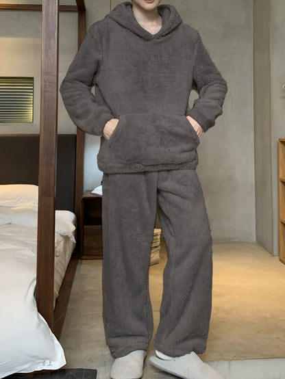 Men's Coral Velvet Pajamas Autumn and Winter Thickened Velvet Winter Hooded Flannel Warm Youth Pajama Set