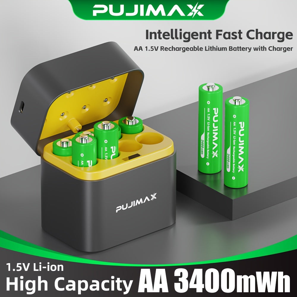 PUJIMAX rechargeable lithium battery 8 +8 slot charging box, 3400mWh high-performance 1.5V lithium battery, durable rechargeable AA lithium-ion battery and all-purpose charging box - yellow charging box. Only 1.5V rechargeabl