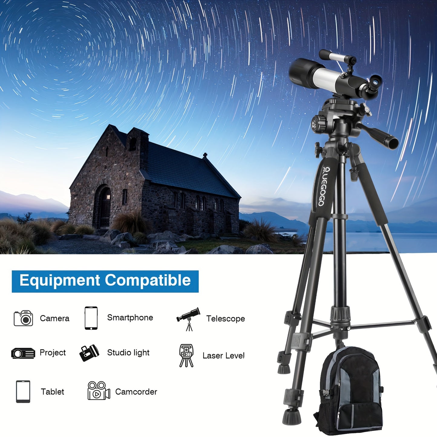1pc UEGOGO 60-Inch Professional Aluminum Alloy Tripod Stand with Gimbal Head, Lightweight for Mirrorless Camera/DSLR/Camcorder/Cell Phone, Includes Storage Bag & Phone Clip