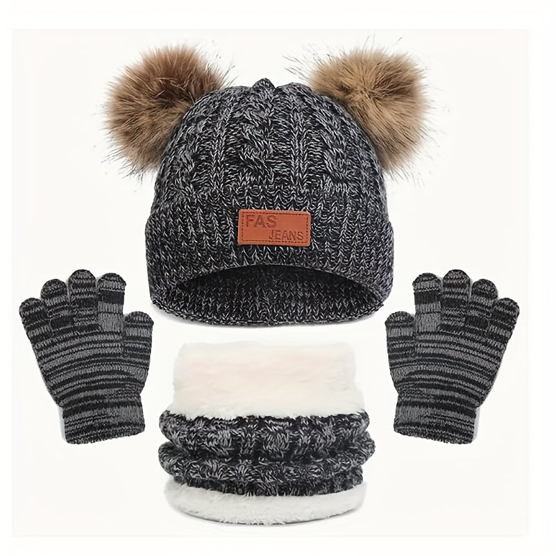 Conjunto de 3 peças para o inverno infantil: cachecol de veludo quente, gorro e luvas de malha para bebé dos 2 aos 8 anos.