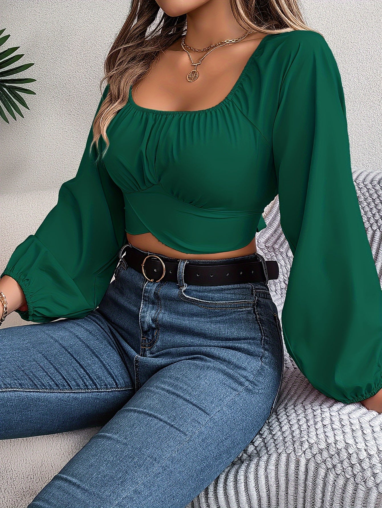 Square Neck Cross Tie Back Crop Blouse, Elegant Lantern Sleeve Slim Blouse For Spring & Fall, Women's Clothing
