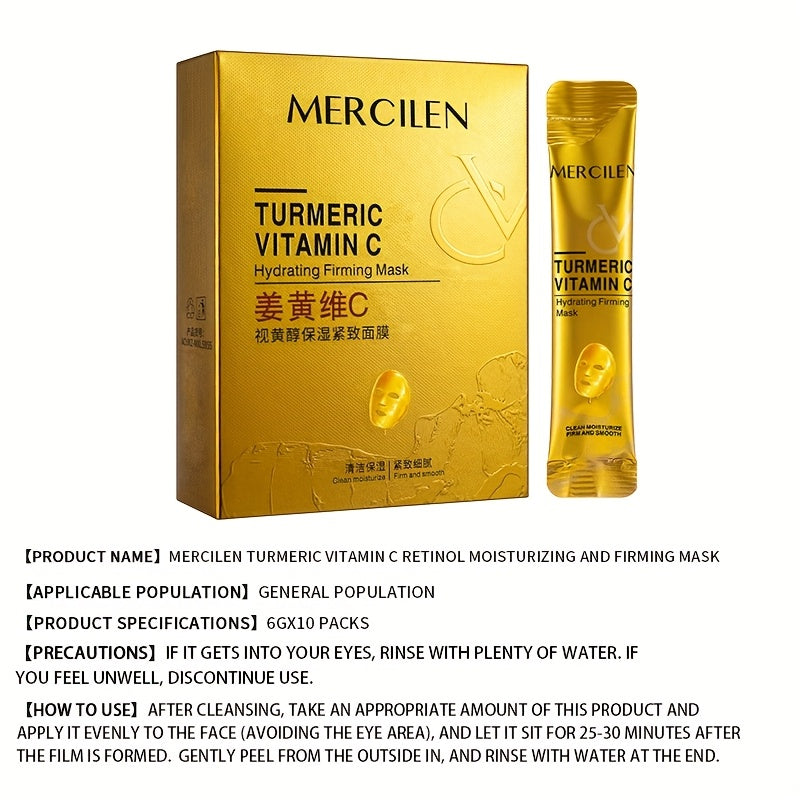 Turmeric Vitamin C retinol Moisturizing and firming Mask 6g*10 pack, containing collagen, vitamin E, niacinamide and plant squalane, deep cleaning, moisturizing and firming, even Light Beige, fine pores, suitable for all Ligh