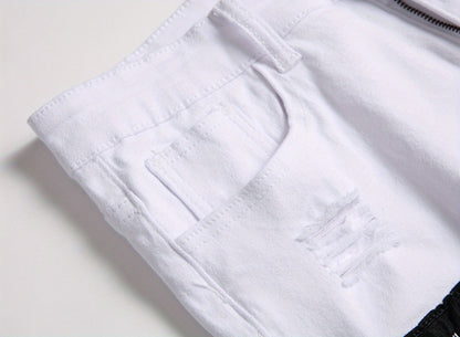Men Fashion White Ripped Distressed Destroyed Washed Denim Jeans Ripped Slim Fit Wild Jeans White Denim Pants