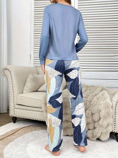 Women's Pajama 2pcs Set, Casual Fall/Winter Sleepwear, Comfortable Home Loungewear, Loose Round Neck Long Sleeve Top and Elastic Waistband Pants, Elegant Holiday Wear, Perfect Gift Choice