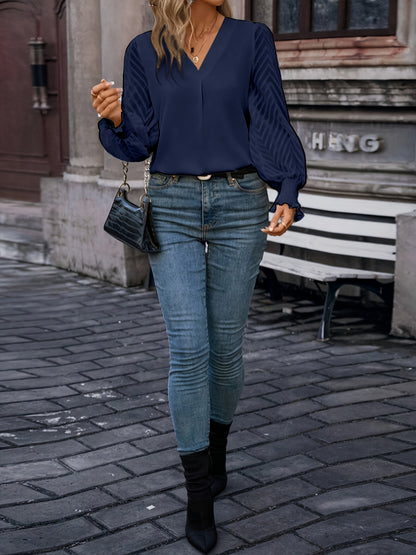 Solid Textured Mesh Splicing Blouse, Elegant V-neck Lantern Sleeve Blouse For Spring & Summer, Women's Clothing