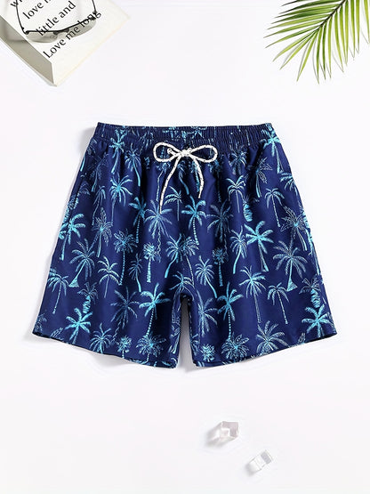Men's Quick Dry Hawaiian Board Shorts With Pockets, Casual Coconut Tree Graphic Drawstring Swim Trunks For Summer Vacation Beach Pool Outdoor