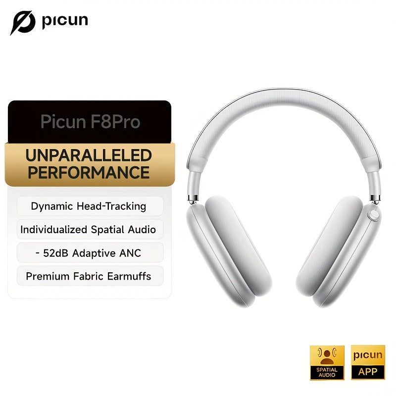 Picun F8 Pro Wireless Over-Ear Headphones with 52dB Hybrid ANC, Hi-Res Audio, Detachable Fabric Ear Cushions, Smart 5-Mic ENC, 140-Hour Standby, and Seamless Dual-Device Connectivity, Black, Wireless Headphones, Modern Headph