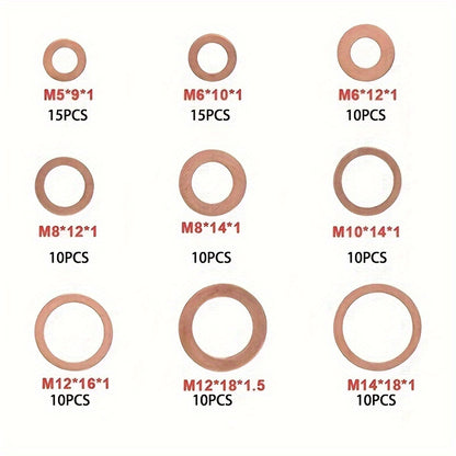 100pcs Copper Washer Gasket Nut And Bolt Set, Flat Ring Seal Assortment Kit With Box,/M5/M6//M8/M10/M12/M14 For Sump Plugs