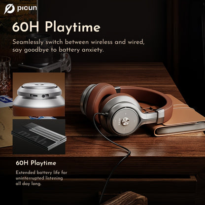 Picun Over-Ear Wireless Headphones, Wireless 5.3 with Low Latency Mode, Dual Composite Drivers for Hi-Fi Sound, 60H Playtime & Real-Time Battery Display, Wired/Wireless Dual Mode, Adjustable Head