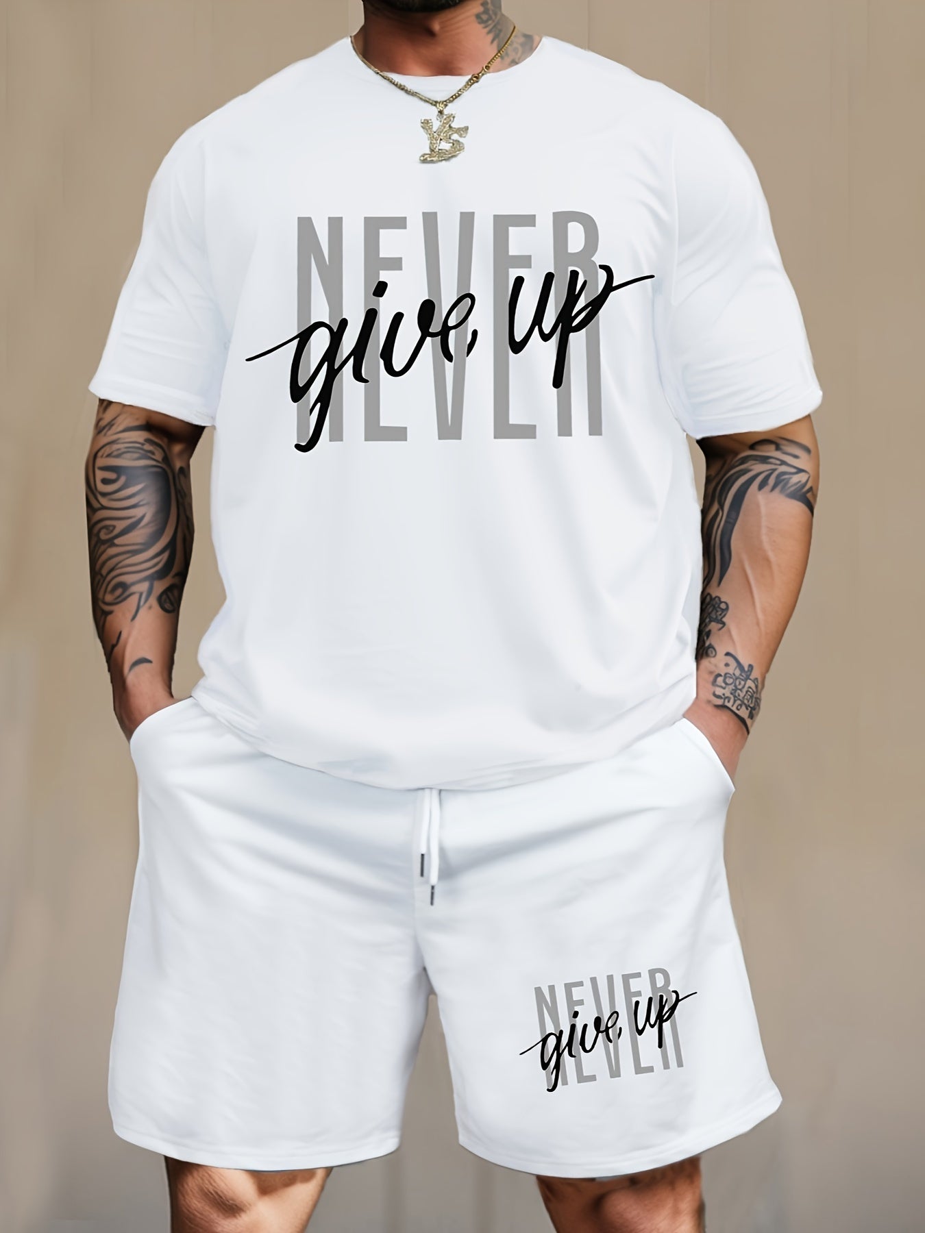 Men's Fashion NEVER GIVE UP Letter Print Loungewear Set, Short Sleeve Crew Neck Graphic T-shirt & Drawstring Shorts With Pockets, Casual Pajama Set, Men's 2piece Outfits