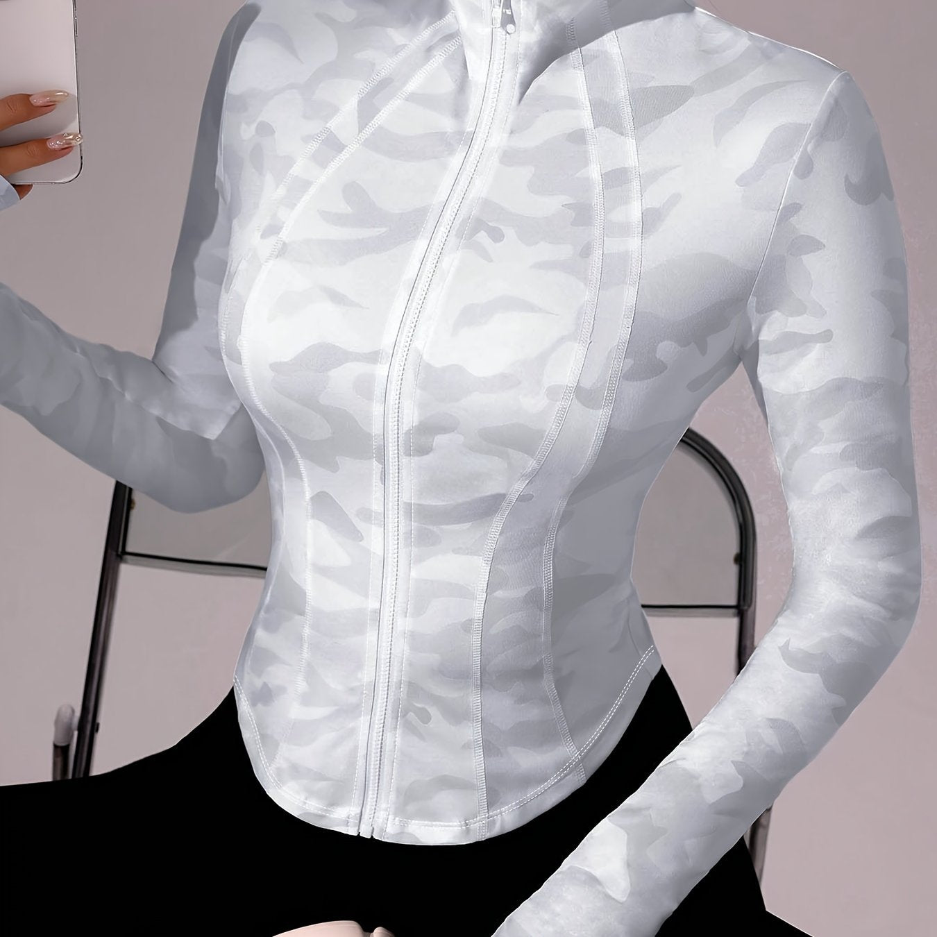 Zip-Up Stand Collar Sports Jacket, Half-Finger Long Sleeve Top with Camouflage Print, Suitable for Outdoor Fitness, Hiking, Golf, Tennis, Badminton, Bowling, Daily Walks and Shopping, Gym/Home Workout, Meditation, Versatile,