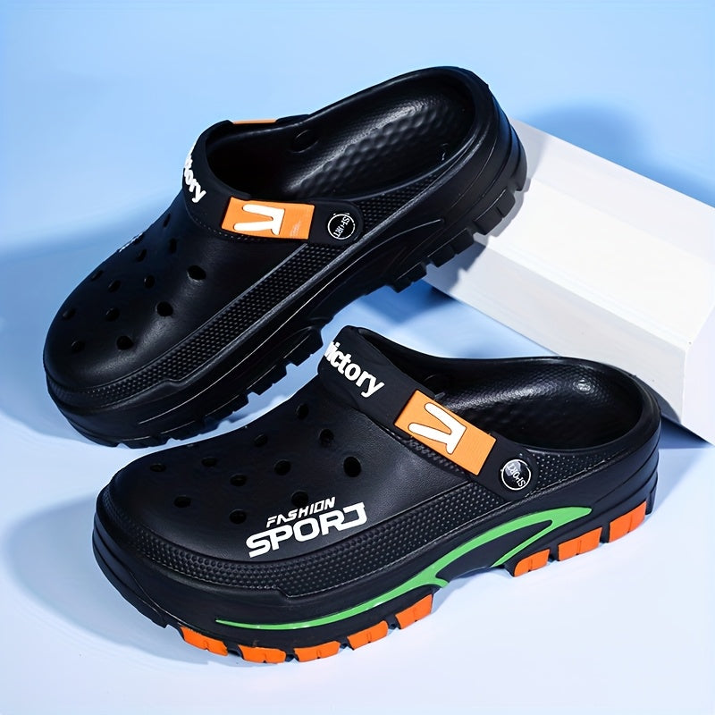 2025 Summer Men'S Lightweight Breathable Slip-On Clogs - Durable EVA Beach Shoes with Ventilation Holes, Black & Orange Design for Casual Casual Attire, Summer Footwear | Trendy Slipon Shoes | Lightweight Footwear