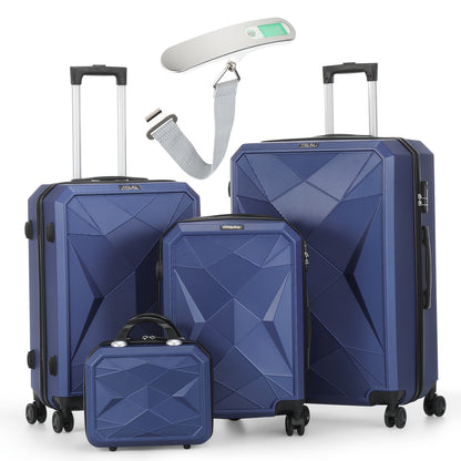 4pcs Luggage Set (12"/20"/24"/28") - Durable ABS Hard Shell Suitcases with Silent Spinner Wheels, Secure Key Lock & Digital Scale - Navy Blue/Dark Gray Travel Set, Telescopic Aluminum Handle & Multi-Directional Wheels for Car