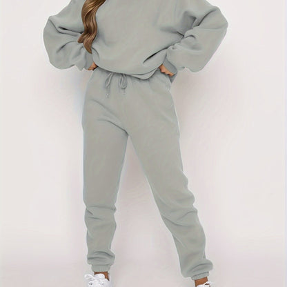 Solid Casual Two-piece Set, Crew Neck Long Sleeve Tops & Drawstring Jogger Pants Oufits, Women's Clothing