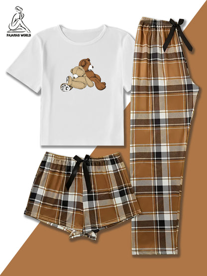 Women'S Casual Cartoon Bear & Plaid Pajama Set - Soft, Loose-Fit Short Sleeve Top with Elastic Waistband, Long Pants & Shorts, Cozy Fall/Winter Sleepwear
