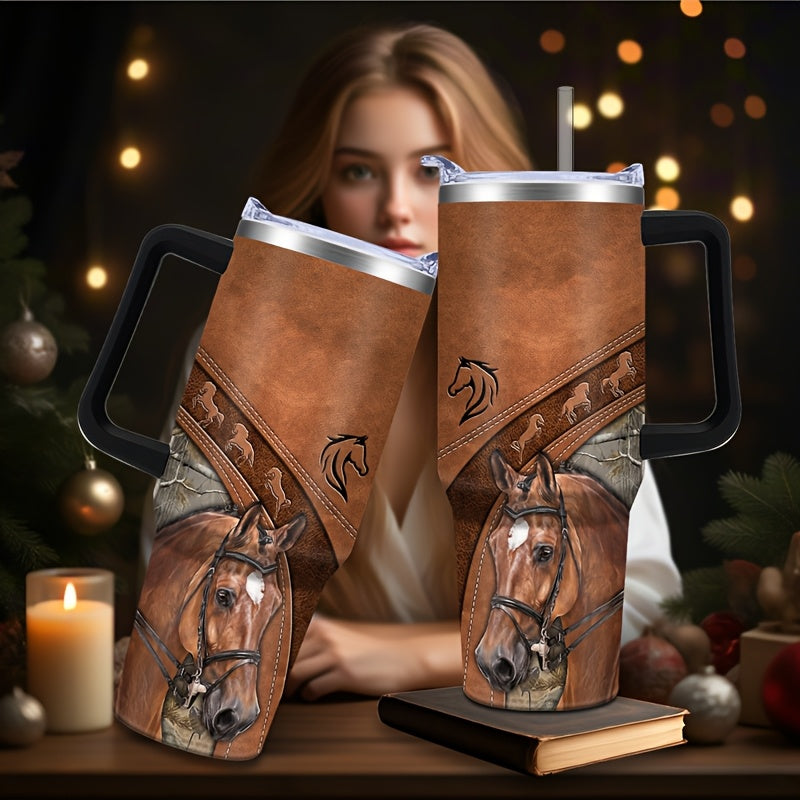 40oz Stainless Steel Horse Tumbler - Double-Wall Insulated Coffee Mug with Lid, Leak-Proof Travel Cup for Hiking & Outdoor Adventures, PVC-Free, Hand Wash Only - Ideal Gift for Equestrians and Animal Enthusiasts