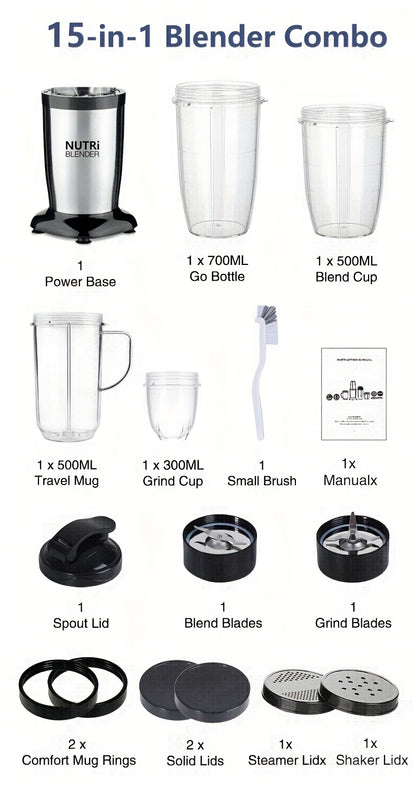 Smoothie Blender, Milkshake And Smoothie Blender, 15pcs Kitchen Personal Blender And Grinder Combo, Single Blender for Making Juice, Baby Food And Nutritional Recipes with Clean Brush