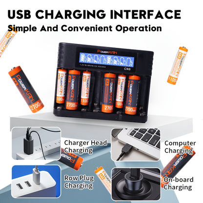 POWERKAN kit (battery + charger), 1.2V NiMH rechargeable AA and AAA batteries + CN8 charger, AA/AAA rechargeable and reusable, suitable for remote controls, alarm clocks, microphones and other household essential electronic d