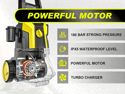 Gisam High-Pressure Washer 2200W 180Bar 480L/H with 8m Hose, Soap Bottle, Foam Nozzle & Lance Gun IPX5 Suitable for Cars/Fences/Gardens/Patios Yellow