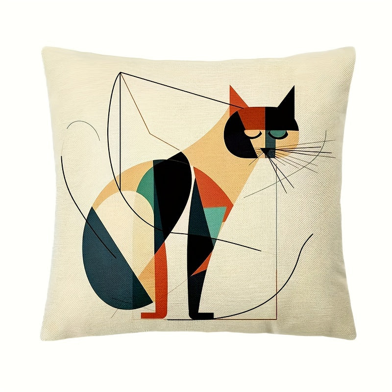 Conjunto de 4 capas de almofada decorativas em linho tecido, com estampa abstrata de gato de Kandinsky, estilo industrial, com fecho, ideais para sofá, quarto, carro e escritório - Laváveis ​​à máquina