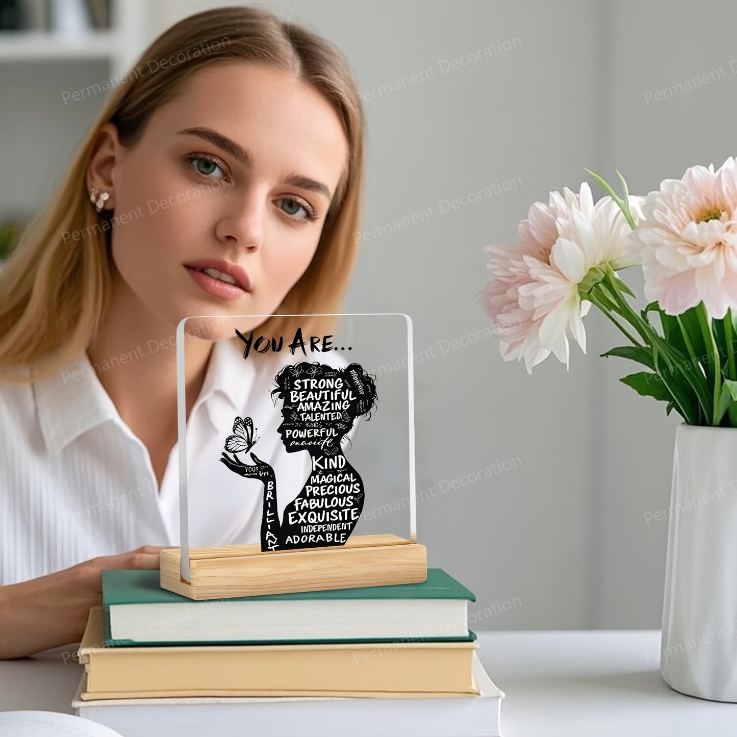 [2D Flat] 1pc Inspirational Acrylic Desktop Decoration with Positive Affirmations - "You Are Powerful, Beautiful, Amazing" - Elegant 2D Design for Home, Office, or Cafe Decor - Perfect Gift for Birthdays, Housewarming, Holida
