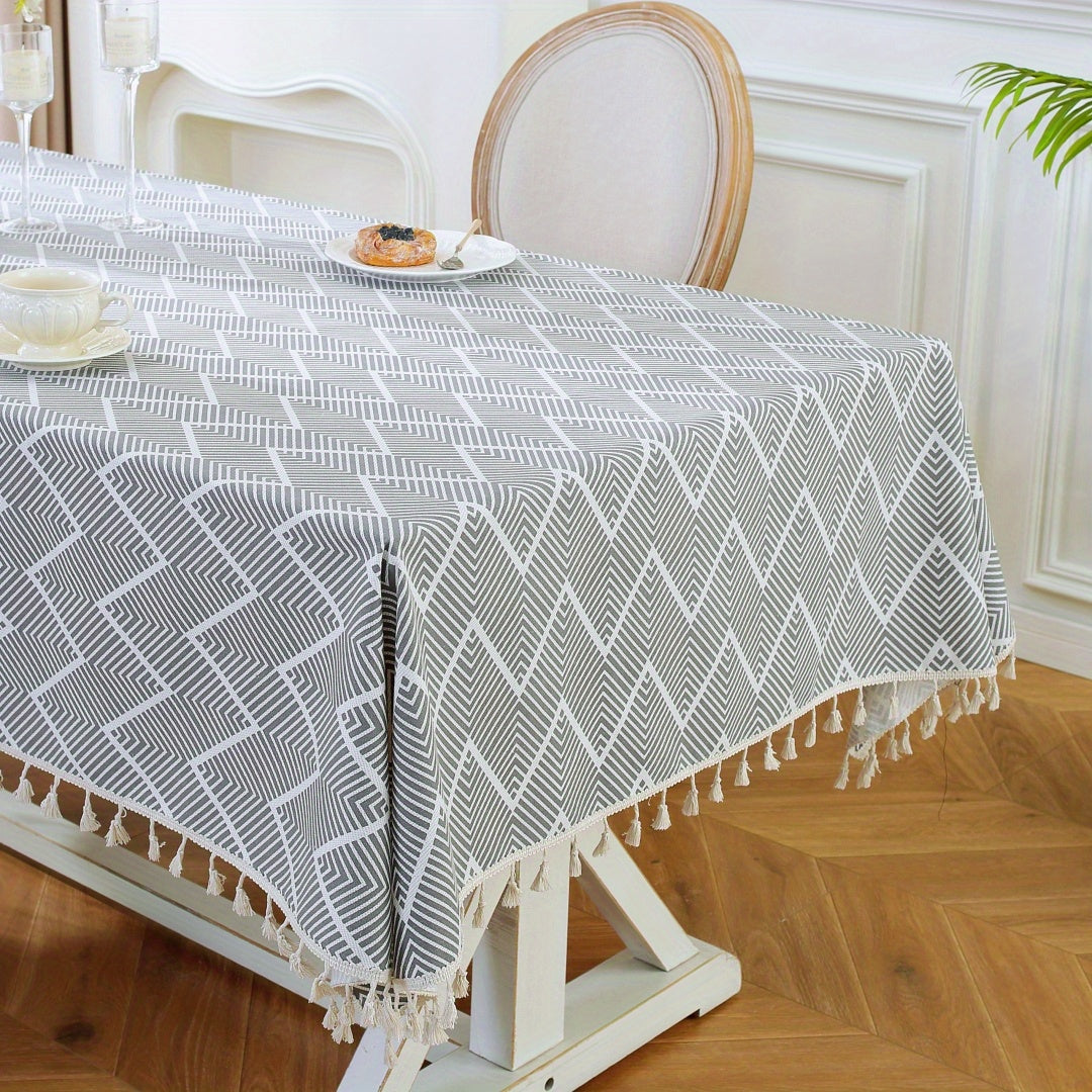 1pc, Bohemian Geometric Wave Pattern Tablecloth - European Style Cotton and Linen Rectangular Tablecloth for Farmhouse, Restaurant, Picnic, Camping, Birthday Party Decoration and Home Decor
