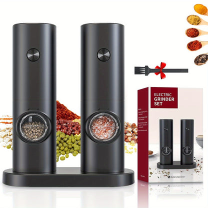 Single or Double Pack Options, Includes Base for Two-Pack - Electric Salt and Pepper Grinder with One Hand Operation, Battery Powered, Adjustable Coarseness, LED Light & Stand, Suitable for Kitchens, Food Seasoning Device, Di