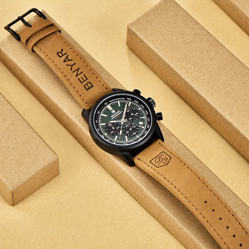 Relógio BENYAR para homem, marca de alta qualidade, desportivo, multifunções, cronógrafo, quartzo, preto, elegante, com calendário e bracelete em pele.
