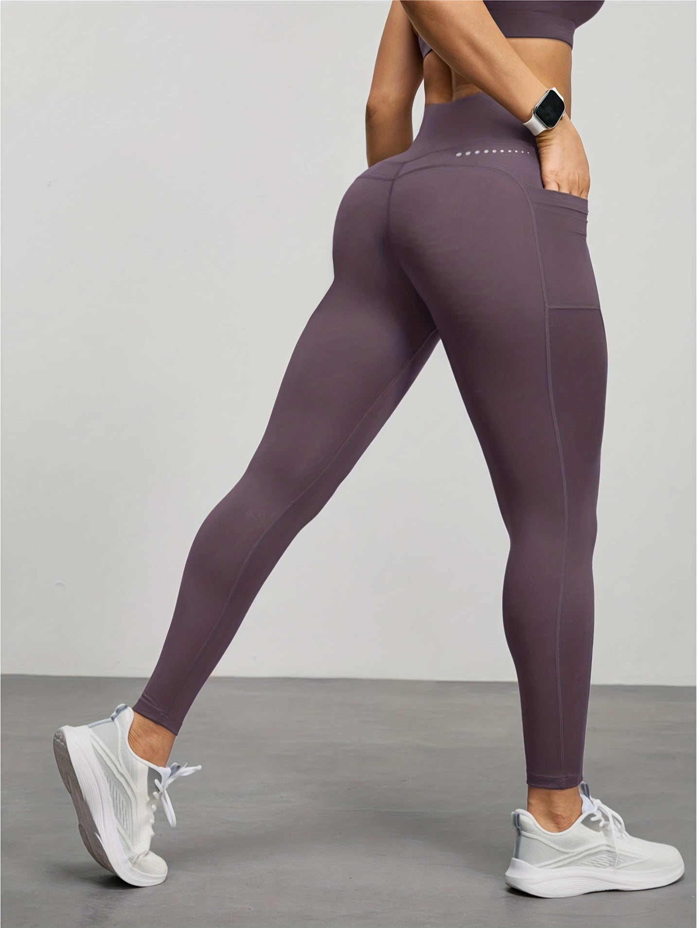 Women's High-Waisted Yoga Leggings with Side Pocket - Full-Length 7/8 Tummy Control Workout Pants, Mauve (Purple-Brown) Solid Color, Breathable Gym Pants for Pilates, & All-Season Wear, Non-Sheer Fitness Bottoms