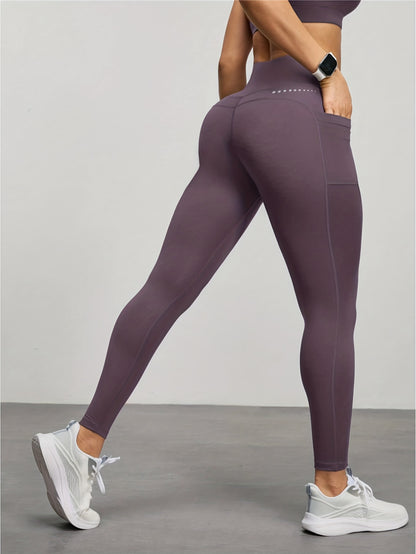 Women's High-Waisted Yoga Leggings with Side Pocket - Full-Length 7/8 Tummy Control Workout Pants, Mauve (Purple-Brown) Solid Color, Breathable Gym Pants for Pilates, & All-Season Wear, Non-Sheer Fitness Bottoms