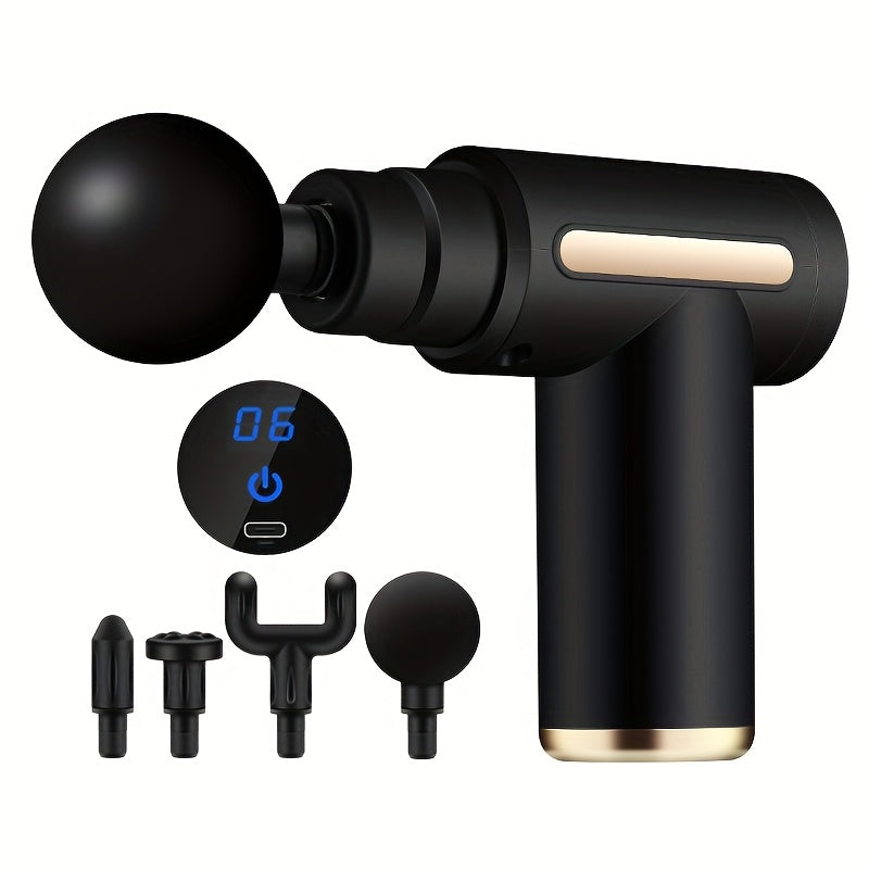 O massajador portátil vem com quatro cabeças de massagem intercambiáveis, tem um ecrã LED, pode ser carregado via USB, opera com uma voltagem de ≤36V, é alimentado por uma bateria de lítio 18650 e foi concebido para uma utilização multifuncional.