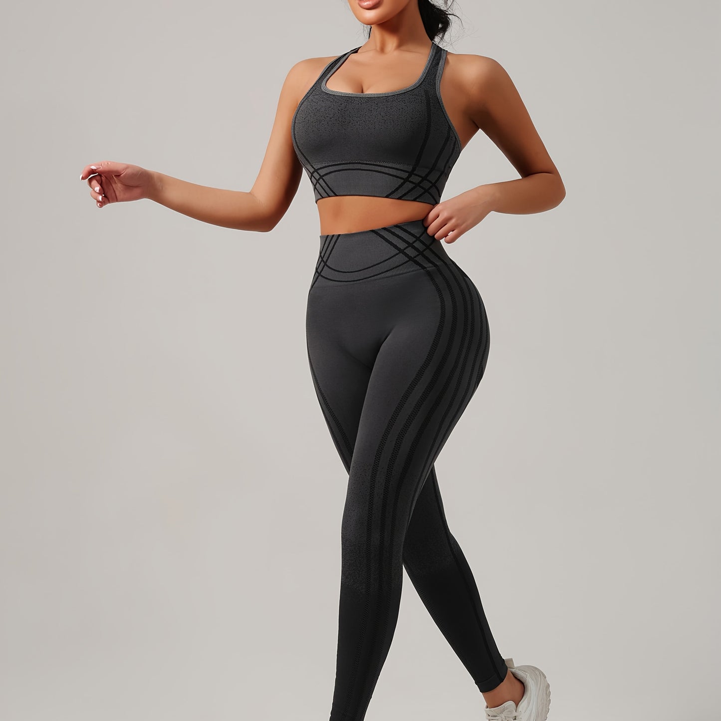 Yoga Sports Long Pants and Vest Set, Solid Color, Rib, High Stretch, Skinny Fit, Long Length, All-Season, for Adult, Sports Occasion, Ribbed Details, Ribbed Fabric