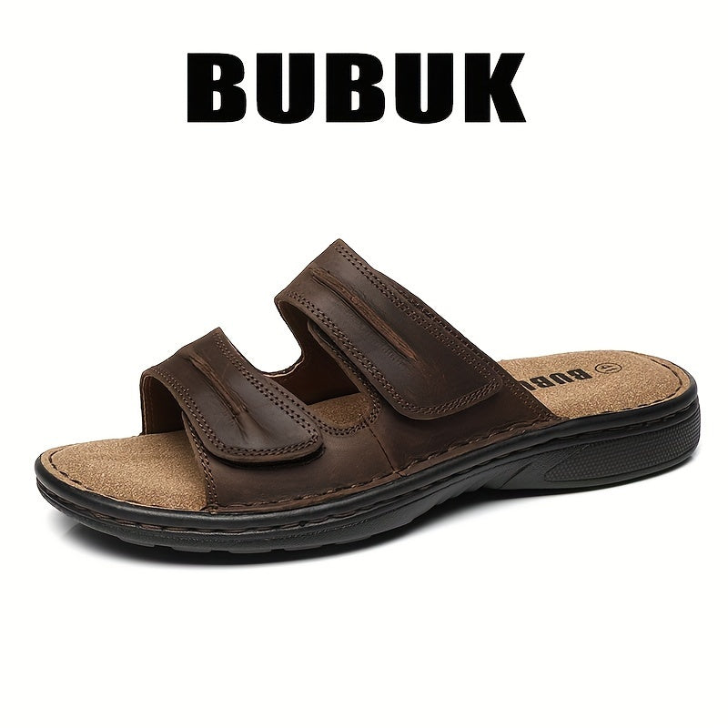 BUBUK Men's Genuine Leather Slip-On Slippers Sandals - Full-Grain Cowhide Upper, Adjustable Strap & Buckle, Black Heavy-Sole (PU/Fabric) for Beach, Casual, Outdoor - Comfortable All-Terrain Walking Shoes - Durable Leather Foo