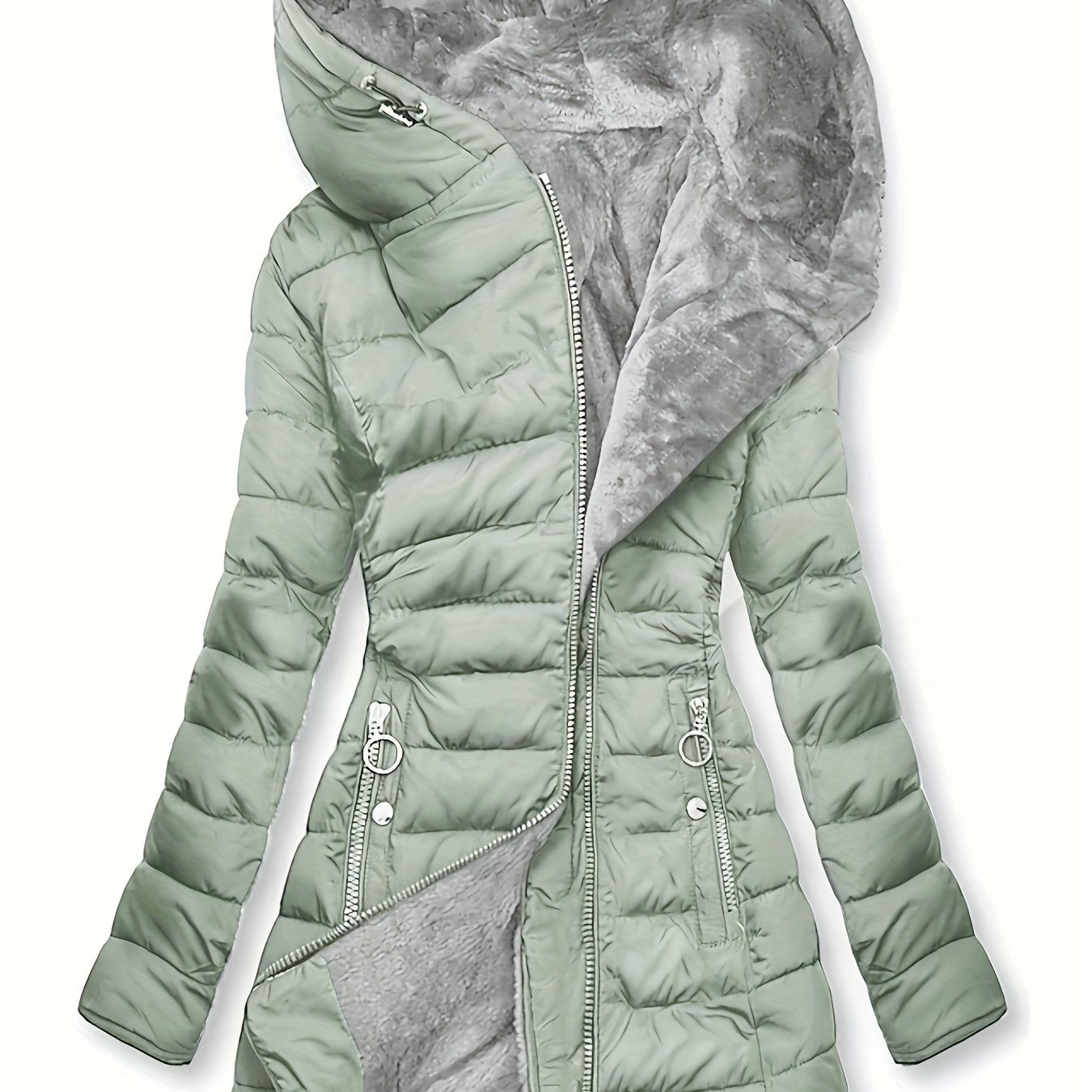 Women's Winter Fleece-Lined Hooded Jacket - Mid-Length Relaxed Fit Coat with Zipper Front, Long Sleeve Casual Outerwear for Cold Weather