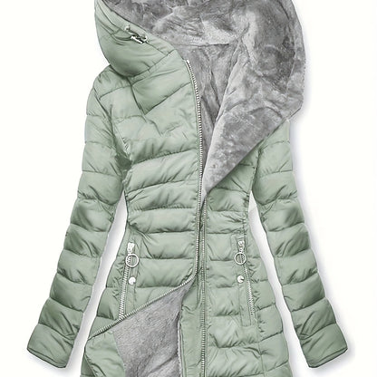 Women's Winter Fleece-Lined Hooded Jacket - Mid-Length Relaxed Fit Coat with Zipper Front, Long Sleeve Casual Outerwear for Cold Weather
