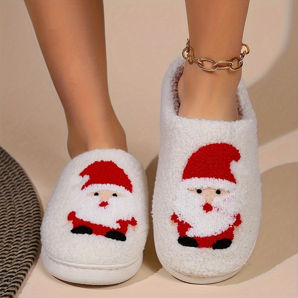 Christmas Tree Pattern Fuzzy Slippers, Winter Warm Closed Toe Flat Floor Shoes, Cozy Soft Sole Plush Home Slippers